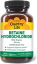 Country Life Betaine Hydrochloride με Pepsin, 600mg, 100 δισκία, Certified Gluten Free