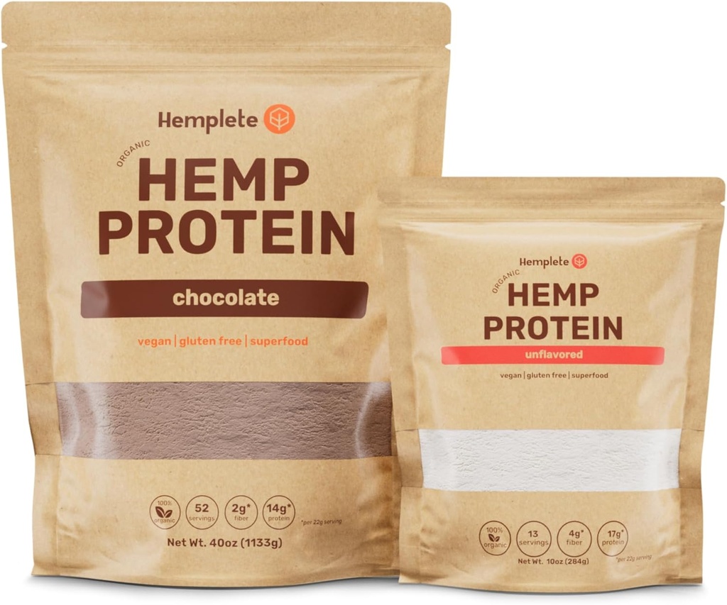 Kalp ve Beyin Sağlığı için Vegan Protein Tozu, Kas Yapı ve Kurtarma için Kolay Bitki Proteini, 9 Temel Amino Asitler, (Chocolate40oz ve Unflavored10oz)