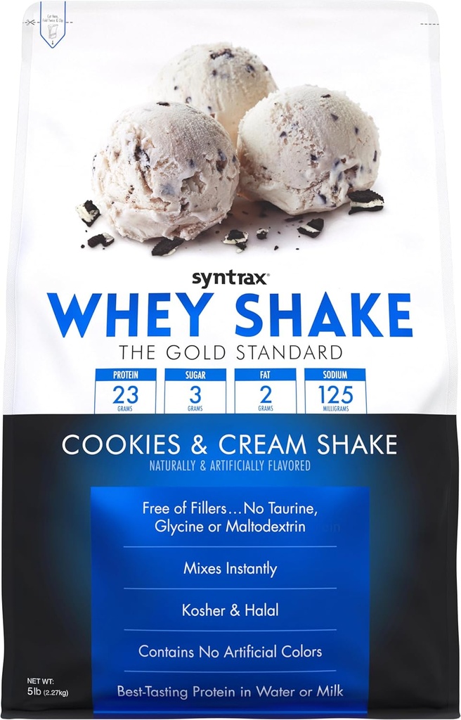 Syntrax θρέψης Whey Shake, κρύο φιλτραρισμένο & μη μετουσιωμένο μείγμα πρωτεΐνης Whey, Cookies & Cream Shake, 5 lbs, Real Cookie κομμάτια