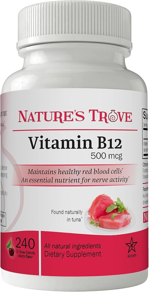 Vitamin B12 500 mcg by Nature's Trove - 240 EZ Chew Tablets Cherry Flavor