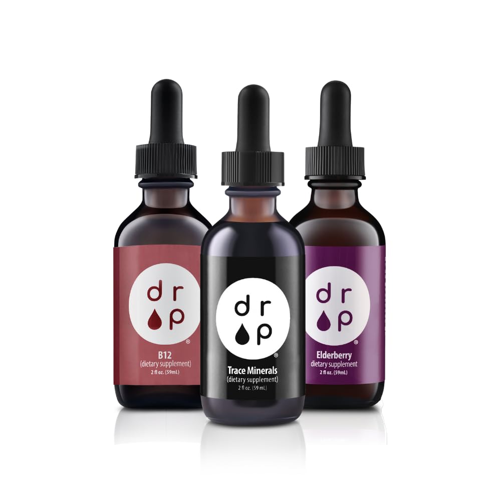 Drop Supplements Organic Trace Mineral Drops, Elderberry Drops ve Vitamin B12 Drops
