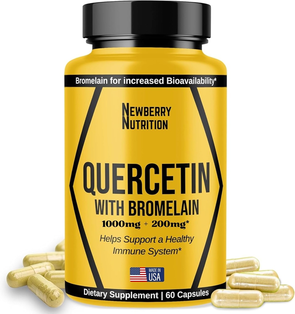 Bromelain Supplement 1200 mg ile Quercetin 500 mg Capsules, Sağlıklı Immunity, Potent Anti, 60 mg