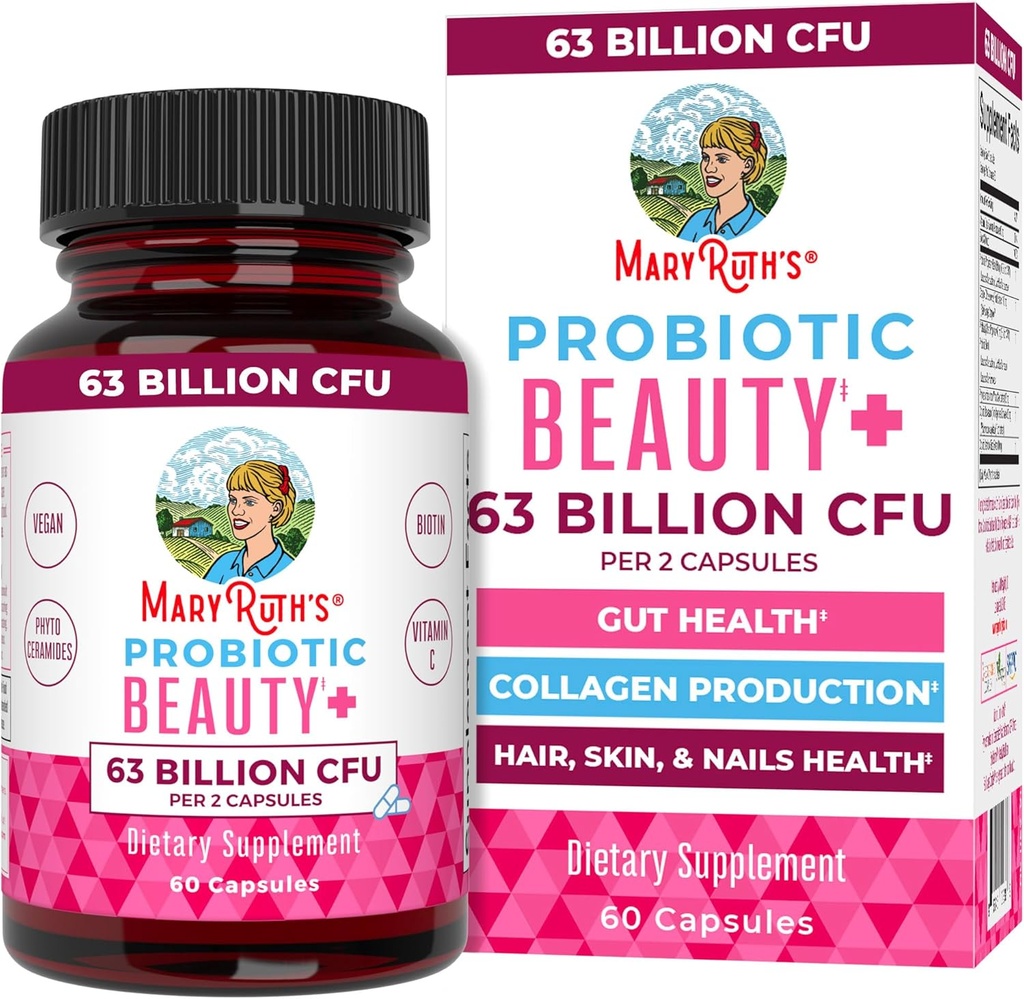 MaryRuth Organics Probiyotik Beauty Capsules | Vegan Collagen Support | Anti Aging | Gut Health | Saç Skin ve Nails Vitaminleri | Skin Care | Biotin | Non-GMO Projesi Doğrulandı | 60 Count