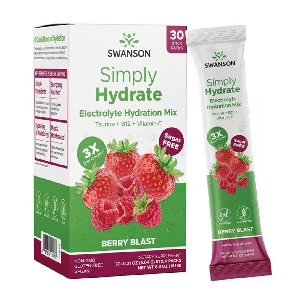 Swanson Basitçe Hydrate Electrolyte Toz Mix - Sugar-Free Drink Mix with 0 Calories - Close On-The-Go Hydration Toz - Advanced Electrolyte Drink Mix - Berry Blast Flavor - 30 Packets