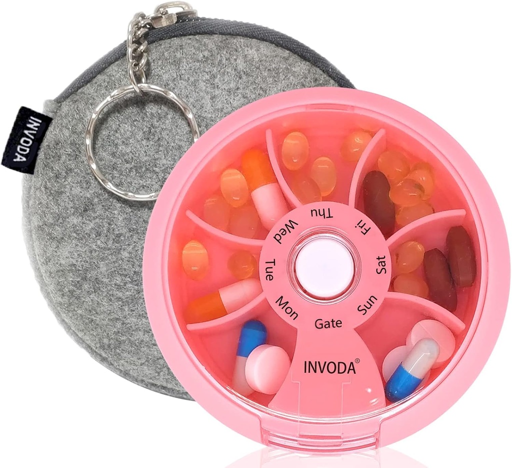 INVODA Weekly Pill Organizer 7 Karşılaştırmalı Günlük İlaçlar ve Vitaminler için Pill Box - Portatif Seyahat Pill Case Fish Oil Supplements Vitamins Organizer (Pink+Bag)