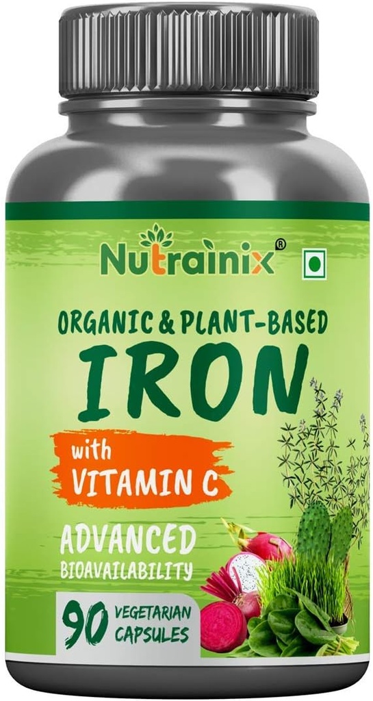 Organic Iron Supplement with Vitamin C, Beetroot, Spinach leaves for Red Blood Cell Function - 90 Vegetarian Capsules