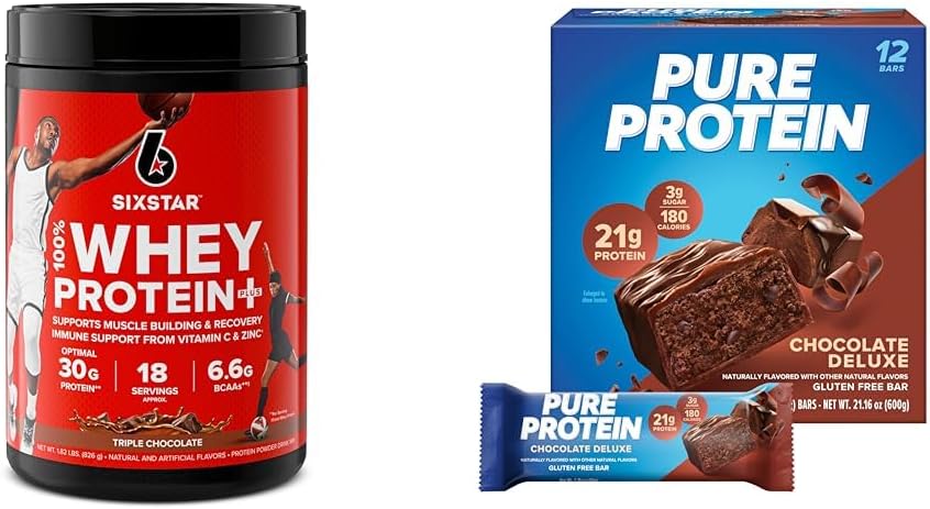 Six Star Elite 100% Whey Protein Plus Triple Chocolate 1.8lbs ve Pure Protein Chocolate Deluxe Protein Bars 12 Count Pack