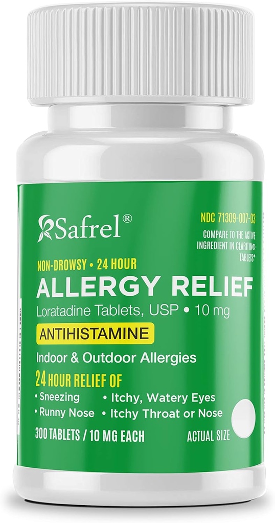 Safrel Alerji 10 mg Tabletler | Non-Drowsy 24 Saat Antihistamin Desteği Runny Nose, Sneezing, Itchy, Watery Eyes (300 Kont)