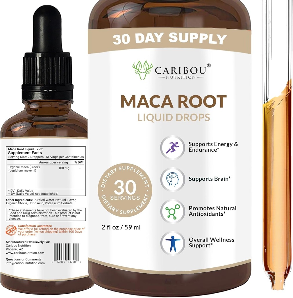 Maca Root Liquid Drops | Premium Organik Maca Root Extract | Maca Supplement for Advancedd Mood & Vitality | Vegan, Non-GMO, Gluten & Alkol Ücretsiz | 2 Fl Oz