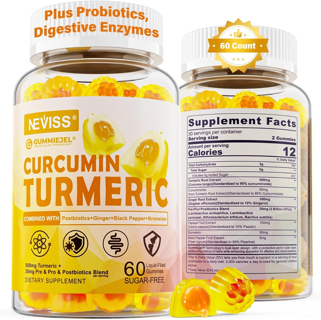 Şeker Free Turmeric Curcumin Yetişkinler, Ginger & Black Pepper | 95 Curcuminoids w / Prebiyotik Probiyotik & Postbiyotik, Support Immune & Digestive Health, Vegan, 60 Count