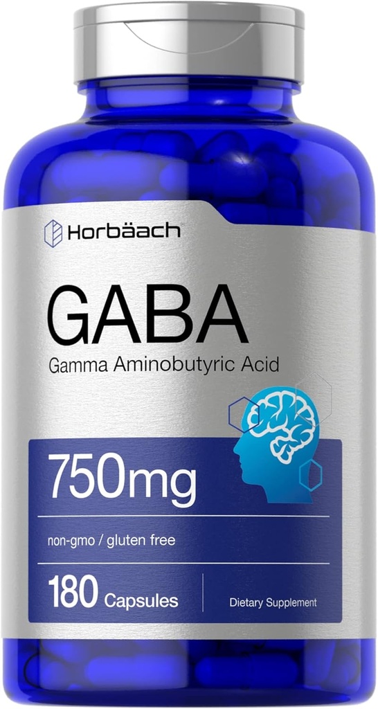 Horbäach GABA 750 mg | 180 Toz Capsules | Gamma Estebutyric Acid Supplement | Non-GMO, Gluten Free