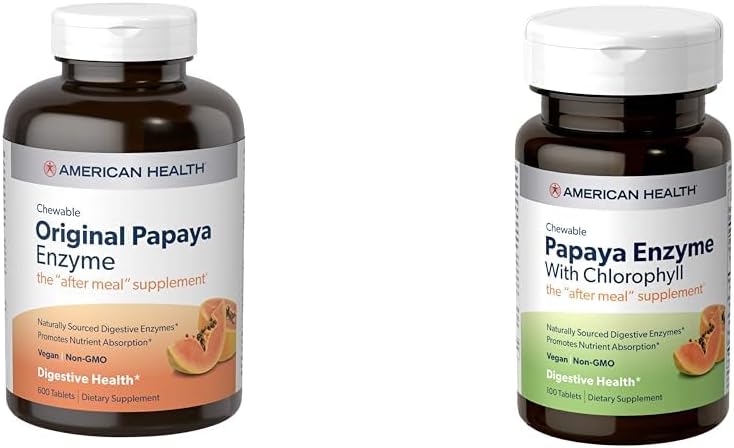 American Health Papaya Digestive Enzyme Chewable Tabletler Sche - Original 600 Count and with Chlorophyll 100 Count