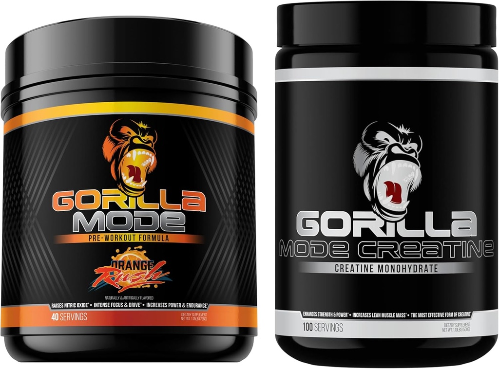 Gorilla μυαλό προ προπόνηση (Orange Rush) + Createine (100 Serv.) - Πλήρης στοίβα για βελτιωμένη δύναμη, την έξοδο ενέργειας, και το μέγεθος των μυών