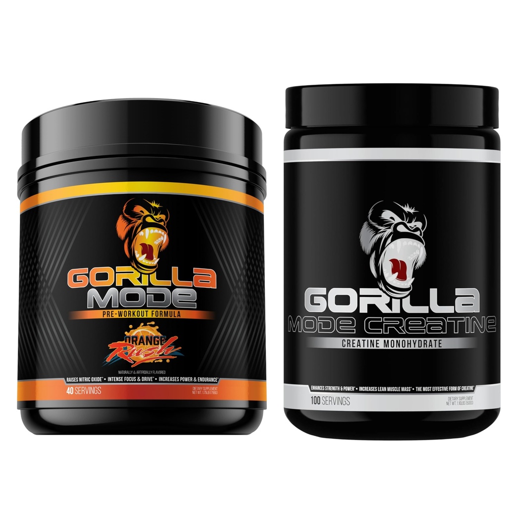 Gorilla Mind Pre Workout (Orange Rush) +t Kreine (100 Serv.) - Geliştirilmiş Güçlü Güç, Güç Çıktısı ve Kas Boyutlu Mekanik için Kapsamlı Taş
