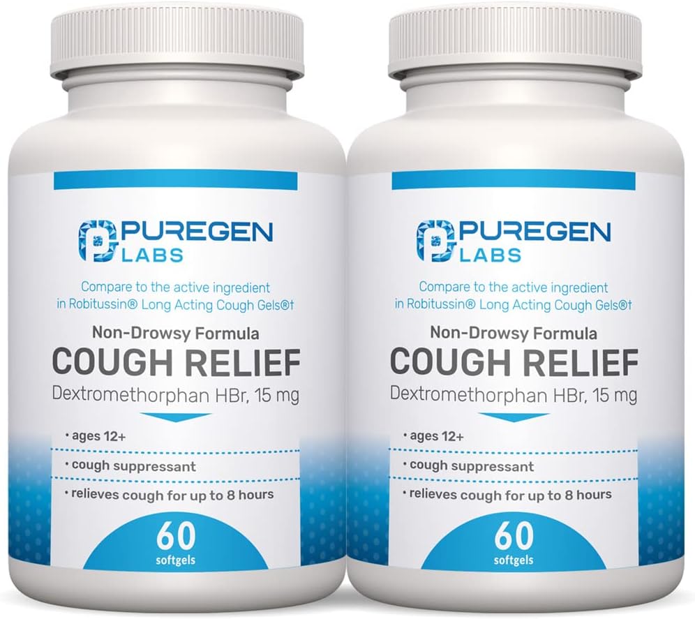 P Puregen Labs Cough Relief for Adults Dextromethorphan HBr 15mg (120 Softgels) 8-Hour, Non-Drowsy, Long-Lasting Bronchial Suppressant |Ages 12+ | Compare to Robafen and Robitussin 2Pack