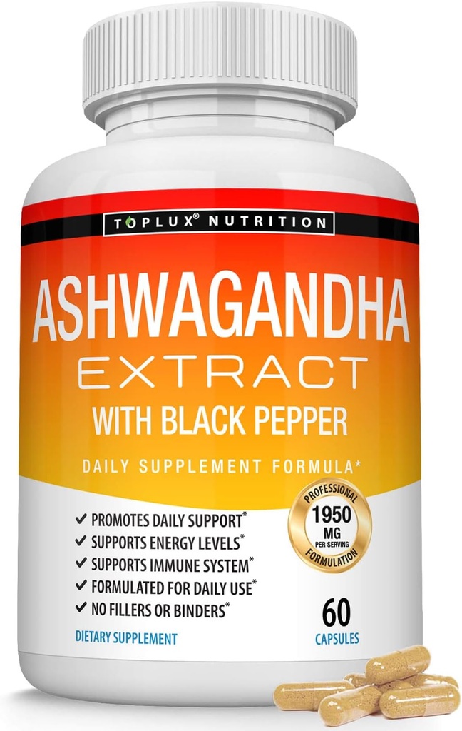 Organik Ashwagandha Kök Toz Pills 1950 Mg with Black Pepper Extract - Pure Natural Ashwagandha Supplement, Support Energy, for Men Women, 60 Capsules
