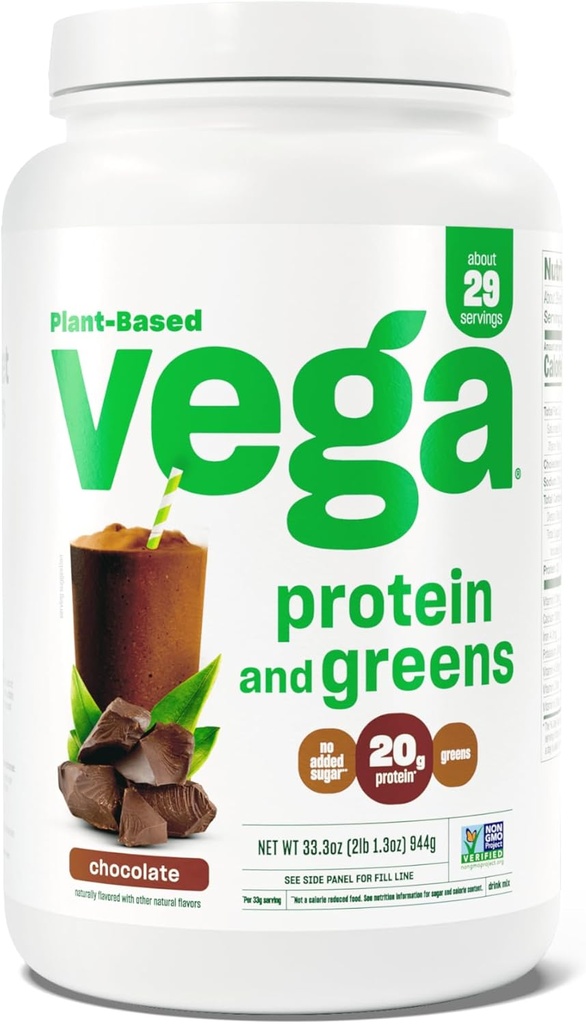 Vega Protein ve Yeşiller Protein Tozu, Çikolata - 20g Plant bazlı Protein Plus Veggies, Vegan, GMO, Kadın ve Erkekler için Pea Protein, 2.1bs