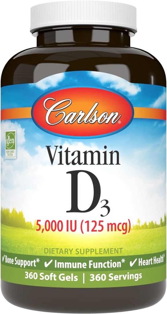 Carlson Vitamin D3 5000 IU, Bone Health, 360 Soft Gels