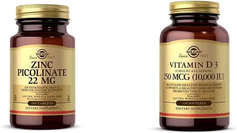 Solgar Zinc Picolinate 22 mg, 100 δισκία - Προάγει το υγιές δέρμα - Υποστηρίζει το ανοσοποιητικό σύστημα, Φυσιολογικό T με βιταμίνη D3 (χοληκαλσιφερόλη) 250 MCG (10. 000 IU), 120 Softgels - Βοηθά στη διατήρηση υγιή οστά