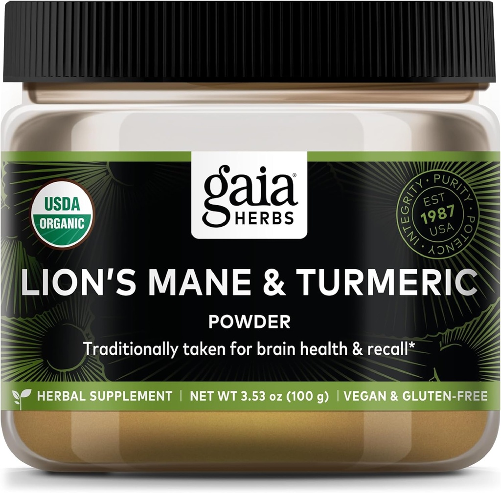 Gaia Herbs Lion's Mane & Turmeric Toz - Herbal Mushroom Supplement Toz Beyin Sağlığı ve Recall - USDA sertifikalı Organik-3.53 Oz (Gün Supply)