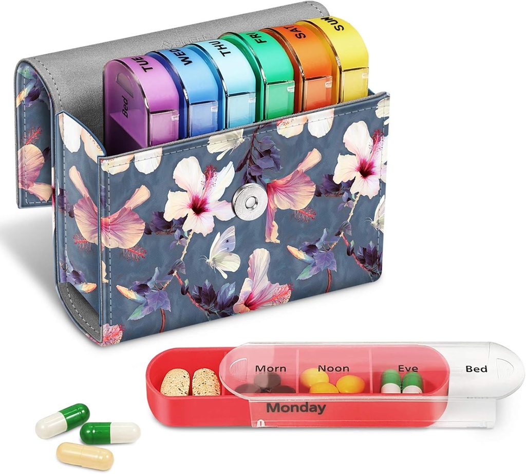 FINPAC Weekly Pill Organizers 4 Times A Day, Slide Open PU Deri Case Travel Pill Vitamin Tıp Hatırlatma ve Sabah için Name Card for Morning / Afternoon| Evening| Bedtime (Blooming Hibiscus)