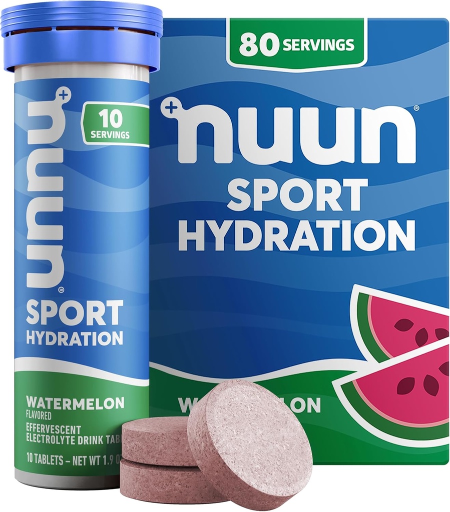 Nuun Sport Electrolyte Tablets with Magnesium, Calcium, Potassium, Chloride & Sodium, Gluten Free & Vegan, Watermelon, 8 Pack (80 Servings Total)