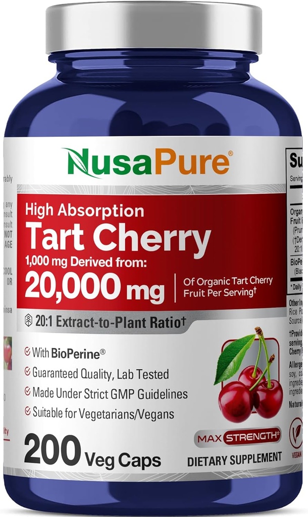 NusaPure Organic Tart Cherry 20:1 Extract, 1000 mg Equivalent to 20,000 mg 200 Veggie Caps (Vegan, Non-GMO) Bioperine