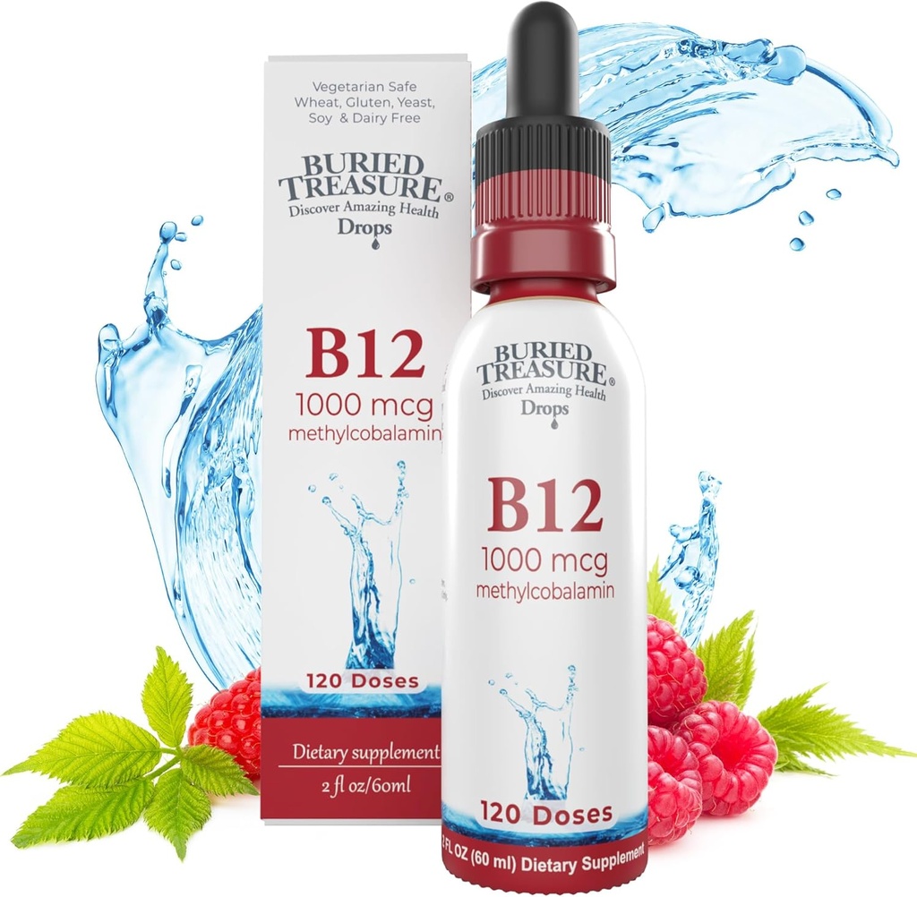 Θαμμένος Θησαυρός B12 σταγόνες - 1000mcg Βιταμίνη B12 Μεθυλοκοβαλαμίνη ανά υπηρεσία, 120 υπηρεσίες - Υπογλώσσια B12, Χωρίς αλκοόλ, Vegan, Βατόμουρο Γεύση, μπουκάλι 2 oz, Αποφοίτων Σταγονομετρητής Ακριβής Δοσολογία