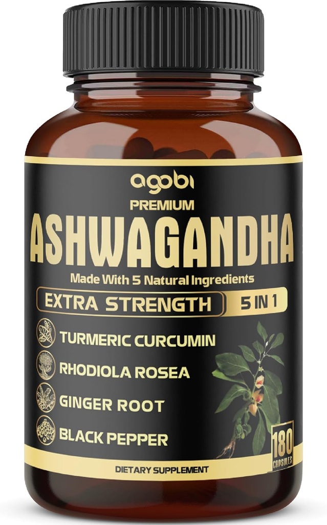 5in1 Premium κάψουλες Ashwagandha - Προστιθέμενη κουρκουμά, Rhodiola Rosea, Ginger, Black Pepper - 180 Caps για 6 μήνες