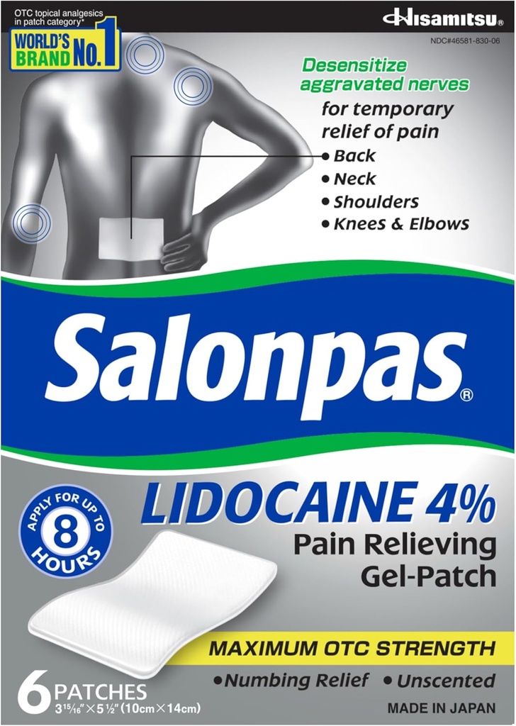 Salonpas Lidoka% 4 Pain Relieving Gel-Patch, 6 Kont, Arka, Boy, Omuz, omuz, Diz & Elbow Pain