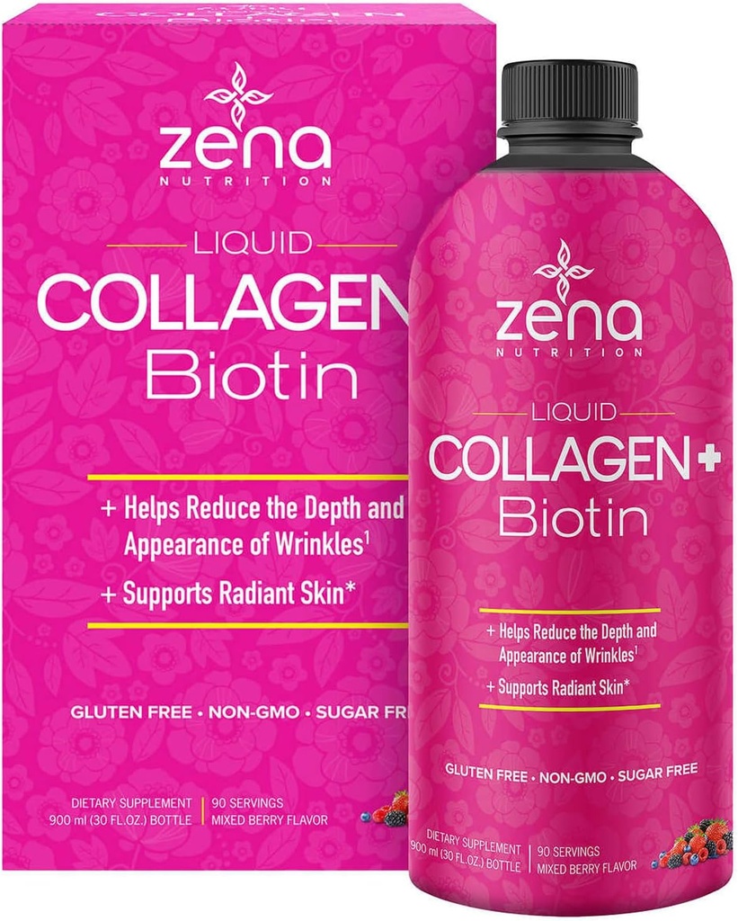 Zena Liquid Collagen + Biotin: 2500 mg Collagen, 5000mcg Biotin, Datasol Formula | Saç, Skin, Nail & Ortak Destek | Non-GMO, Karma Berry Flavor | 90 Servisler