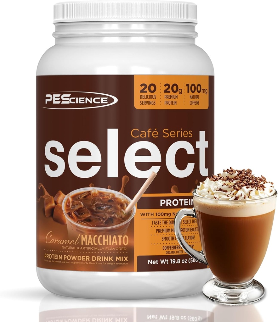 PE Science Select Cafe protein Coffee Flavored Toz, Caramel Macchiato, 100 mg Caffeine, 20g Buzlu Protein Kahve Tozu veya Kremer, 20 Hizmetler