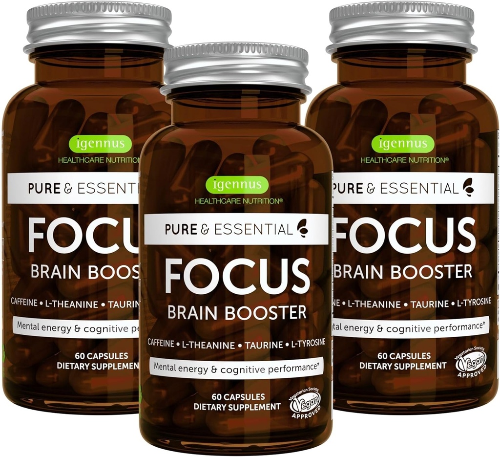 Igennus Focus - 200 mg Doğal Caffeine, Metilated B Vitaminleri, L-Tyrosine, Temiz Enerji, Beyin ATM & Bilişsel Performans, Jittery, 180 Capsules