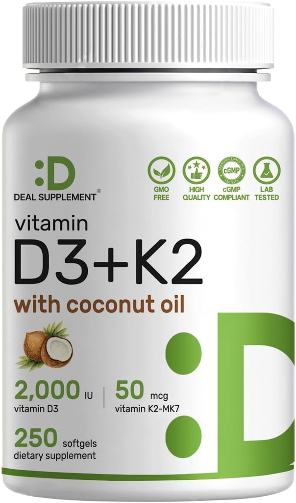 DEAL SUPPLEMENT Vitamin D3 2,000 IU + K2 MK7 50mcg Softgels | 2in-1 Kompleksi ile Virgin Coconut Oil | Supports Heart, Bone, Teeth & Immune Health | Easy to Swallow