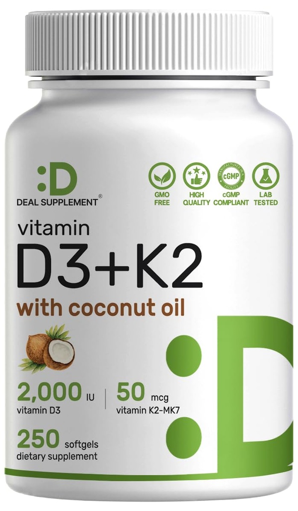 DEAL SUPPLEMENT Vitamin D3 2,000 IU + K2 MK7 50mcg Softgels | 2in-1 Kompleksi ile Virgin Coconut Oil | Supports Heart, Bone, Teeth & Immune Health | Easy to Swallow