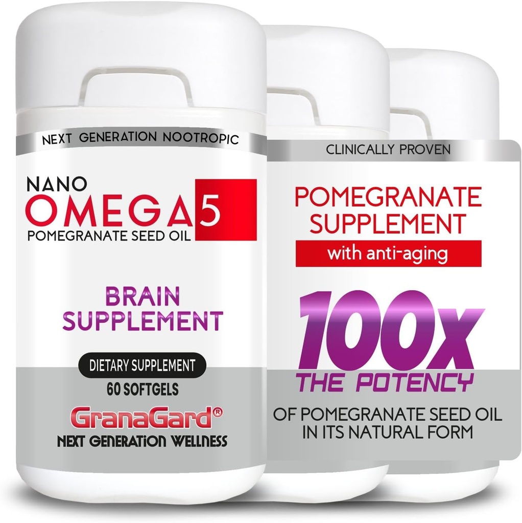 CLINICALLY Proven (3-Month Supply) Brain Supplements with Anti Aging, Memory Pills, Omega 5 Pomegranate Supplement, 3 Bottles 60ct Each