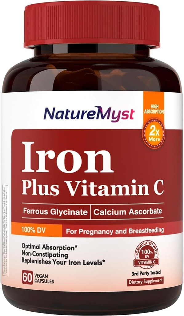 Kadın Erkek Için İttifak Demir Bisglycinate Plus 120 mg C, Stomach Friendly, Optimal Abhidrasyon & Non-Constipating Iron Pills, Gluten Free, Non-GMO, 60 Vegan Caps