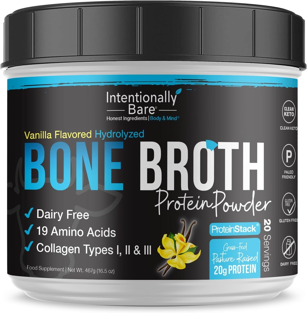 Amaçlı Bare Bone Broth protein Toz Vanilla - Grass Fed Protein Toz Multi Collagen Peptides Tip 1 2 ve 3 - Süt Free Bone Broth Toz için Skin, Gut ve Ortak - 20 Hizmet