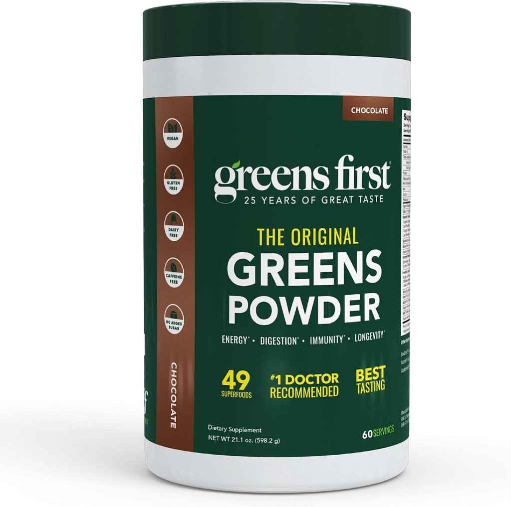 Greens First Original Greens Toz - 49 Superfoods - Organik Meyveler & Veggies - Prebiyotikler, Probiyotikler, Digestive Enzymes - Antioksidan - Süt Free, Vegan, Non-GMO (Chocolate, 60 Hizmet)