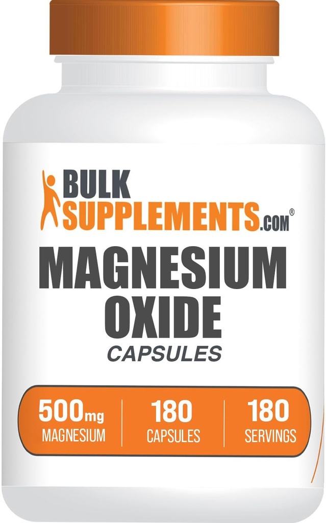 BulkSupplements.com Magnezyum Oksit Capsules - Magnezyum Supplement, Magnezyum Oksit 500 mg - Gluten Free, 1 Capsule per Service, 180 Kont (kısa 1)