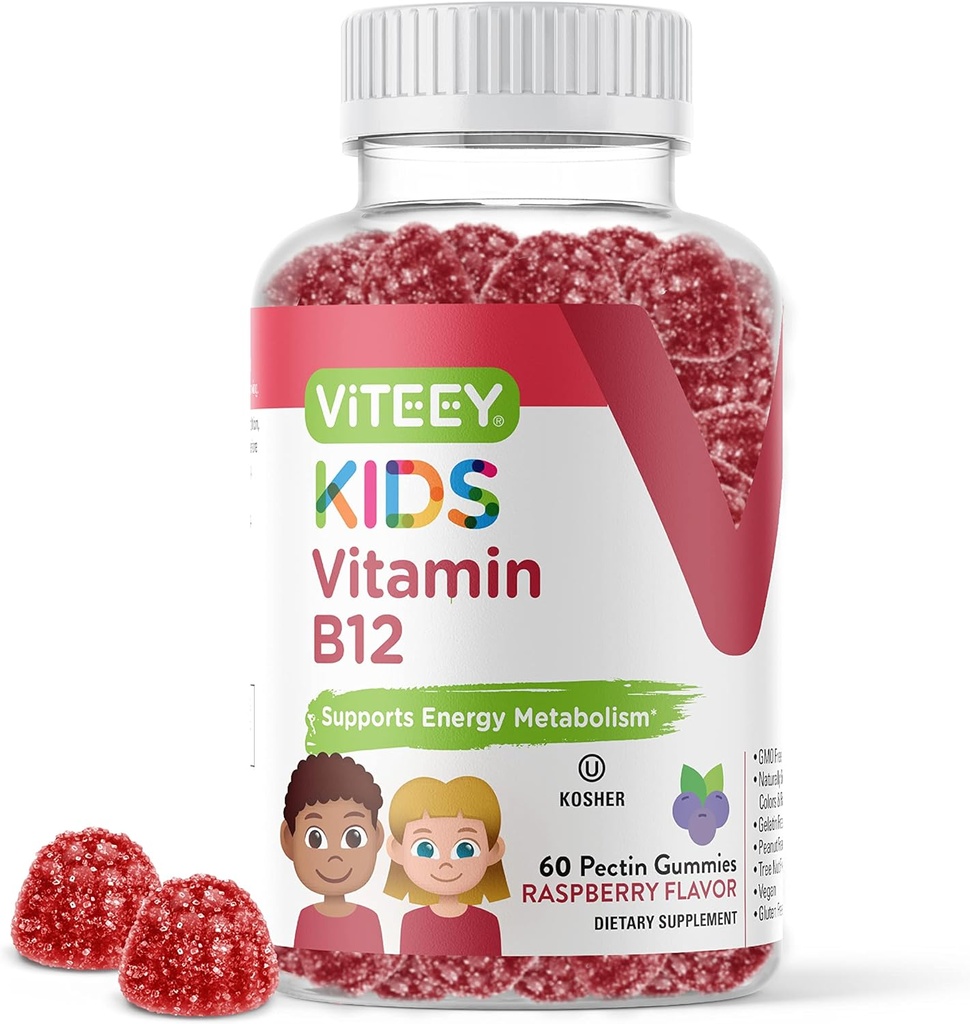Çocuklar için Viteey Vitamin B12, 1000mcg - Metabolism, Doğal Enerji Desteği - Vegan, Gelatin Free, Gluten Free, GMO Free - Tasty Chewable B12 Raspberry Flavored Gummy