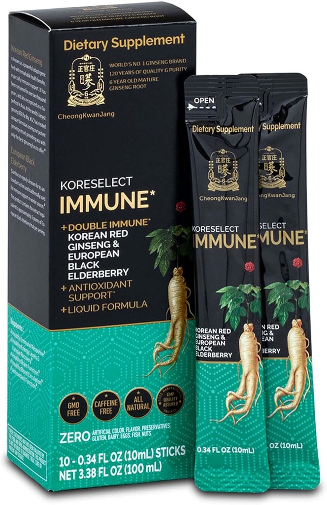 Immune, Koreli Red BTC, Elderberry Liquid Sticks, Immunity Support, Blood Circulation ATM, Natural Energy Supplement, 6 Year Old Asian Panax BTC, 10 Count Count Count