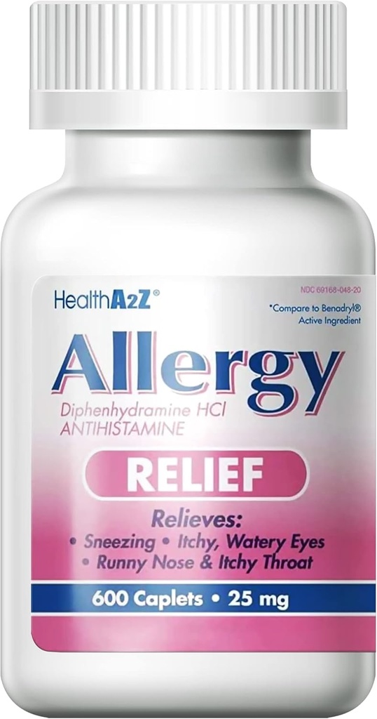 HealthA2Z® Antivirüs Relief | Diphenhydramine HCL 25mg | Antihistamin | Itchy Throat, Sneezing, Runny Nos | Kapalı & Açıklar Allergies (600 Caplets)
