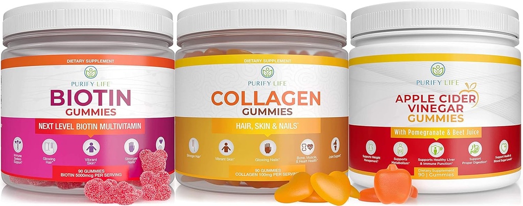 Life Apple Cider Vinegar, Collagen & Biotin Sche, Gut Health & Digestion, Gummies for Hair growth, Healthier Skin & Nails, Vegan, Gluten Free, Non-GMO All Natural Supplements