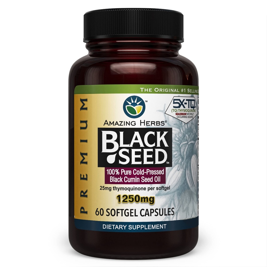 Amazing Herbs Premium Black Seed Oil Capsules - Yüksek Potency, Cold Pressed Nigella Sativa Aids in Digestive Health, Immune Support & Brain Function - 60, 1250