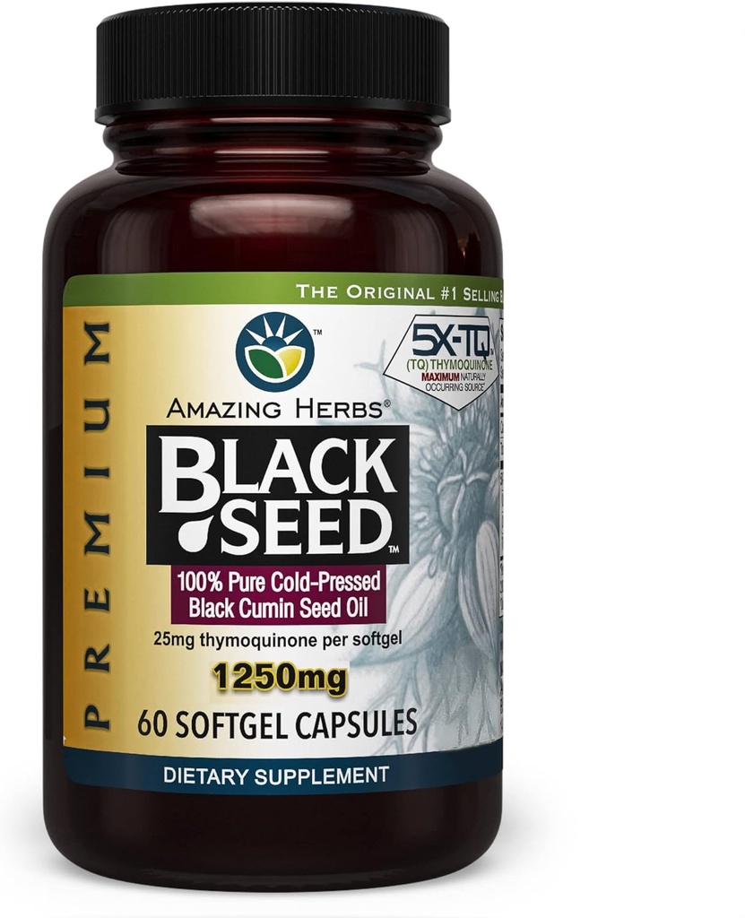 Amazing Herbs Premium Black Seed Oil Capsules - Yüksek Potency, Cold Pressed Nigella Sativa Aids in Digestive Health, Immune Support & Brain Function - 60, 1250