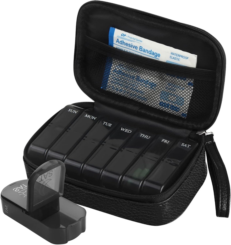 Haftalık PU Deri Pill Bag Organizer Case 2 Times a Day, AM PM Daily Pill Box to Hold Vitamin, Fish Oil, Supplements and Medicine (Black)