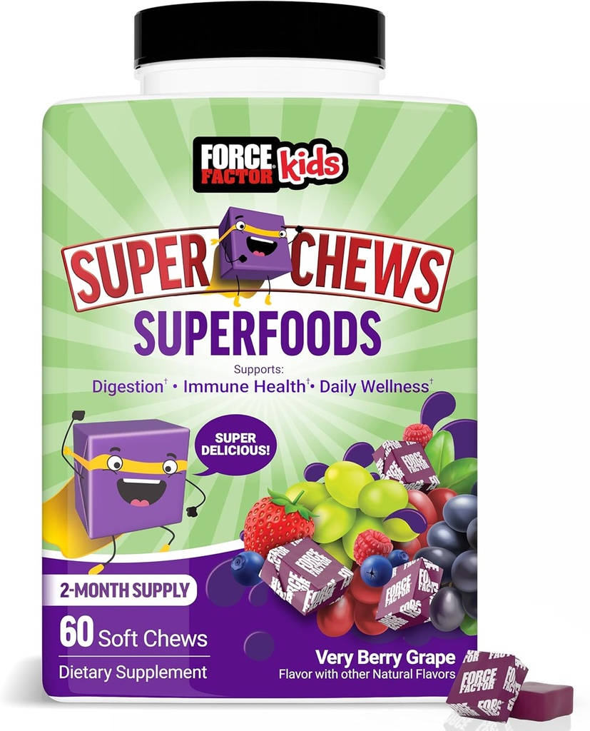 FORCE FACTOR Παιδιά Superfood Super Chews, Παιδικές Βιταμίνες C & D, Συμπλήρωμα Υποστήριξης Ανοσοποιητικών με Αντιοξειδωτική Υποστήριξη από σε σκόνη Φρούτα & Veggies, 2-Month Supply, Very Berry Grape Flavor, 60 Μαλακά Chews
