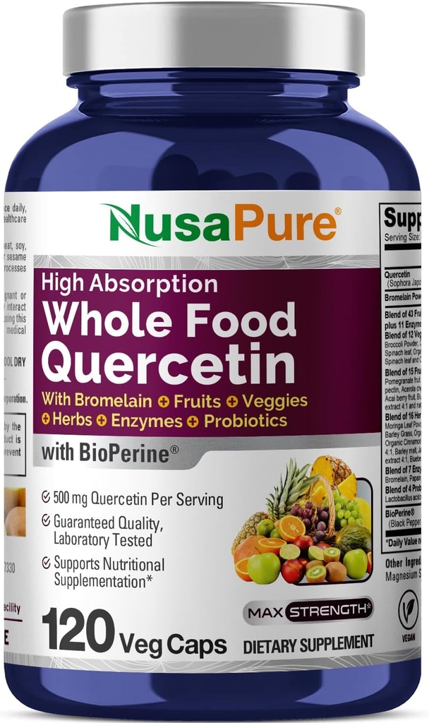 NusaPure Quercetin with Bromelain 500 mg |120 Veggie Caps | 43 Meyve Veggiej Herbs Enzyme Probiyotiki | Non-GMO, Vegan, Bioperine