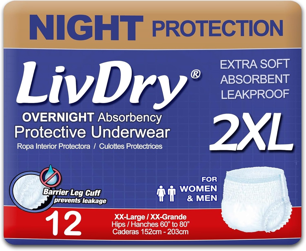 LivDry Adult XXL Incontinence Underwear, Overnight Comfort Absorbency, Leak Protection, XX-Large, 12Pack